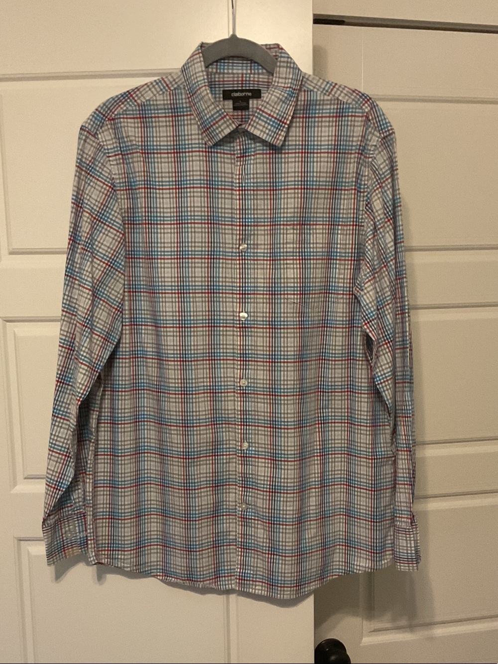 Like new- Claiborne Blue Red Gray Plaid Button‑Down Dress Shirt — XL